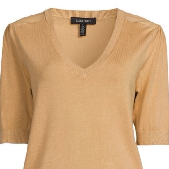 NEW Ellen Tracy Faux Leather Trim V-Neck Sweater in Sand - Picture 8 of 14